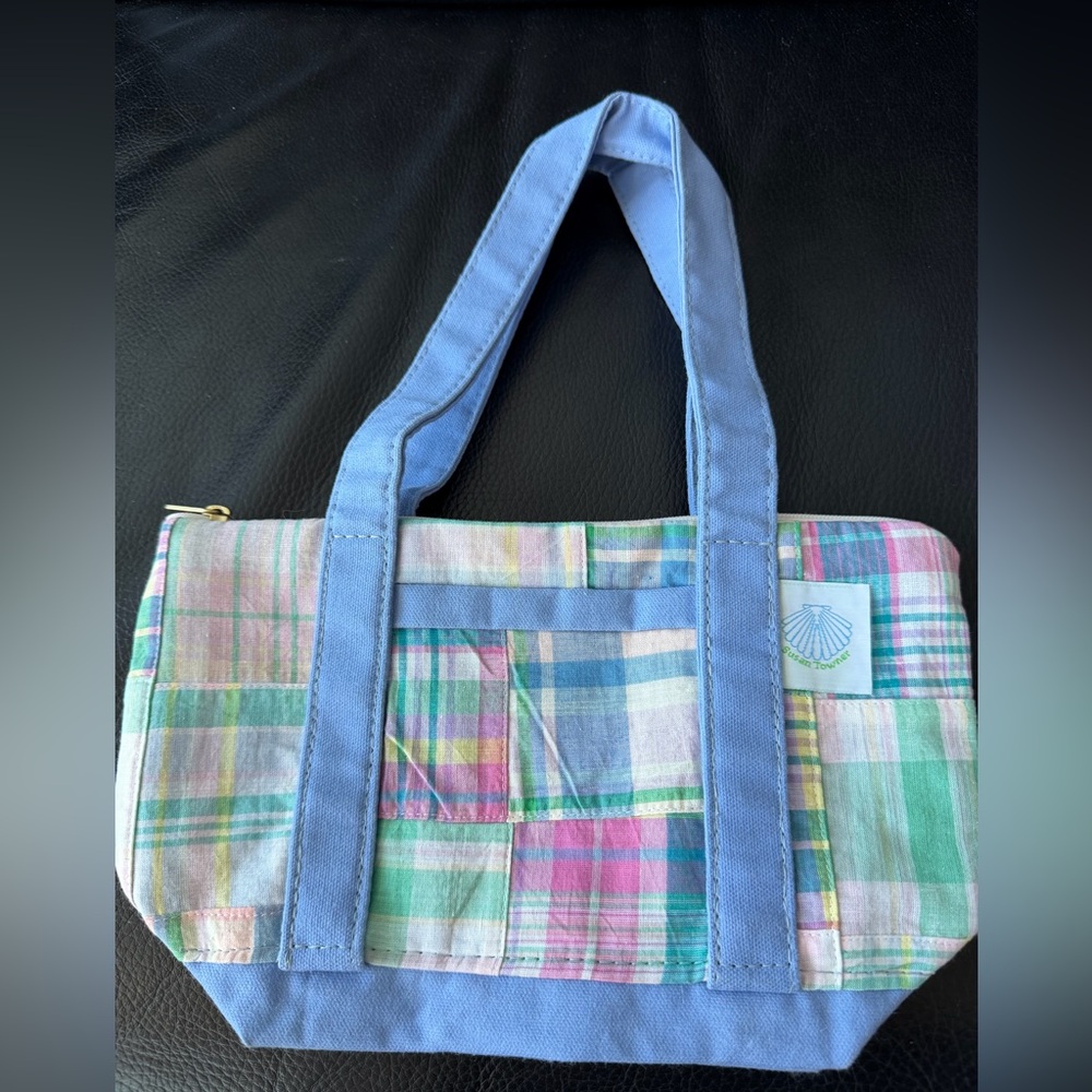 Susan Towner mini tote bag featuring a plaid patchwork design with blue trim.
